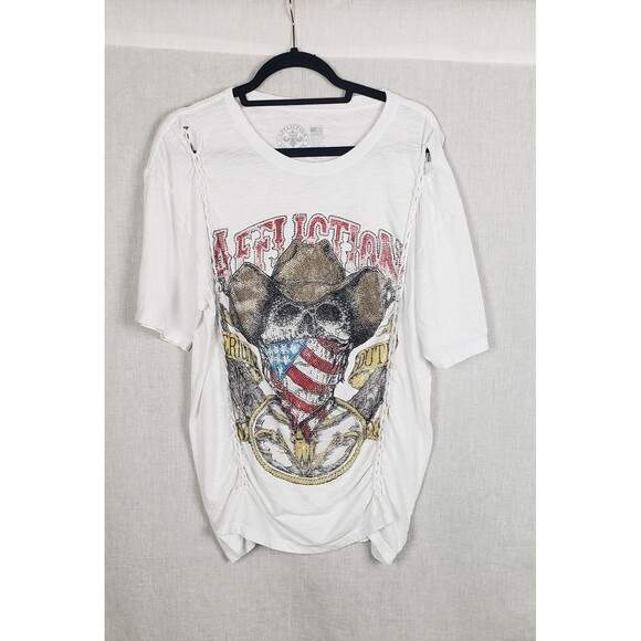 Affliction Tops - Affliction Shirt Womens XL White Rhinestone Skull Cowboy Graphic Braided Tee